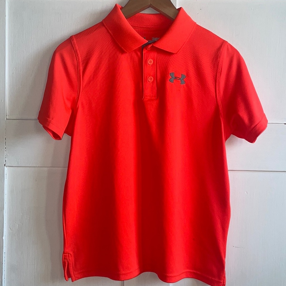 Under Armour Orange Polo Shirt Gray Embroidered UA Logo Size 10 YL